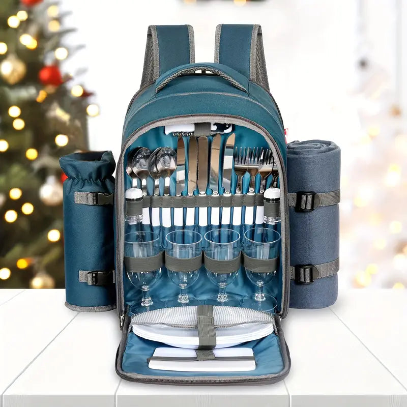 4-Person Picnic Backpack with Cooler Compartment, Detachable Bottle/Wine Holder, Fleece Blanket