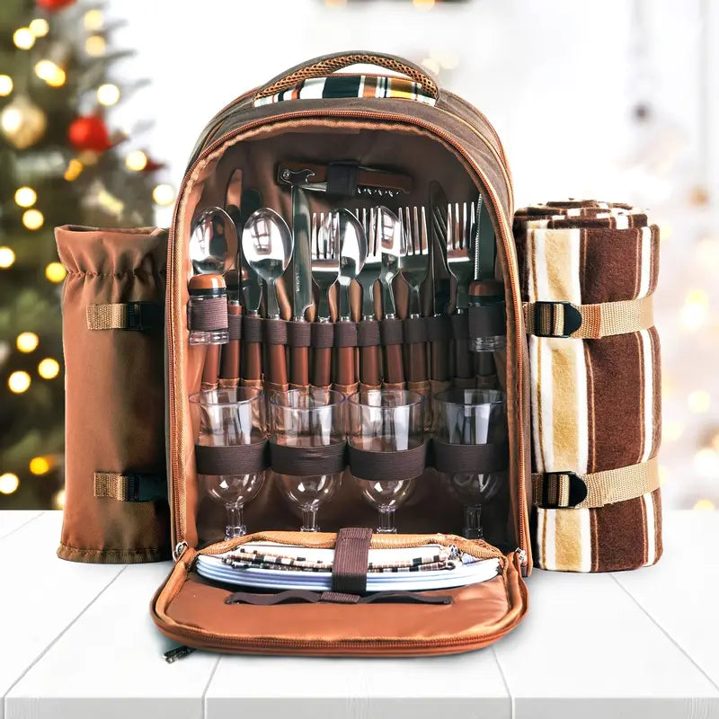 4-Person Picnic Backpack with Cooler Compartment, Detachable Bottle/Wine Holder, Fleece Blanket