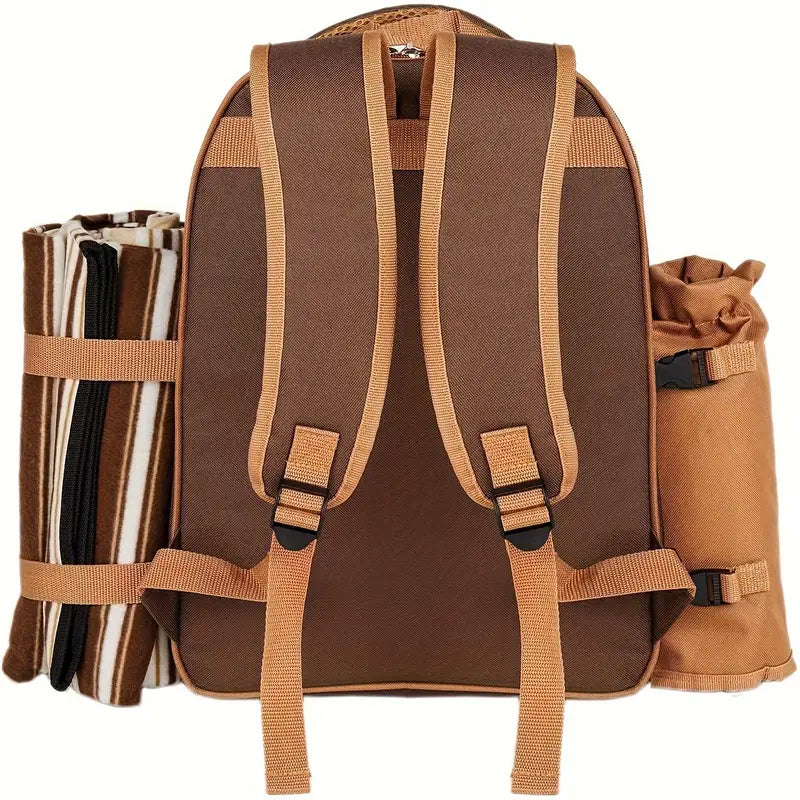 4-Person Picnic Backpack with Cooler Compartment, Detachable Bottle/Wine Holder, Fleece Blanket
