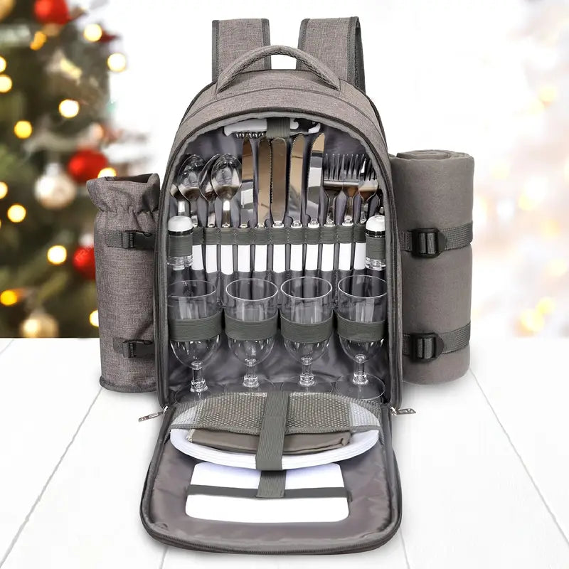 4-Person Picnic Backpack with Cooler Compartment, Detachable Bottle/Wine Holder, Fleece Blanket