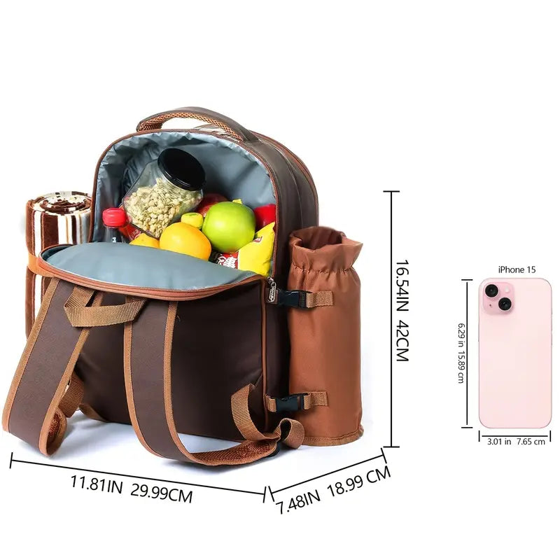 4-Person Picnic Backpack with Cooler Compartment, Detachable Bottle/Wine Holder, Fleece Blanket
