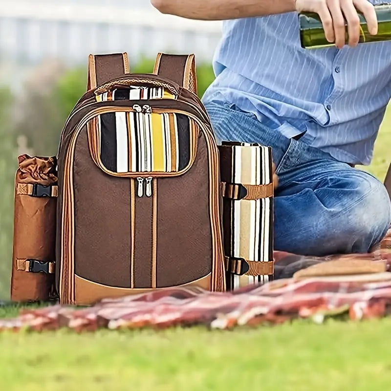 4-Person Picnic Backpack with Cooler Compartment, Detachable Bottle/Wine Holder, Fleece Blanket