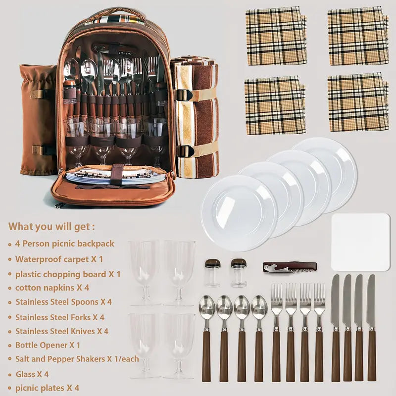 4-Person Picnic Backpack with Cooler Compartment, Detachable Bottle/Wine Holder, Fleece Blanket