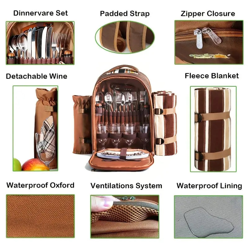 4-Person Picnic Backpack with Cooler Compartment, Detachable Bottle/Wine Holder, Fleece Blanket